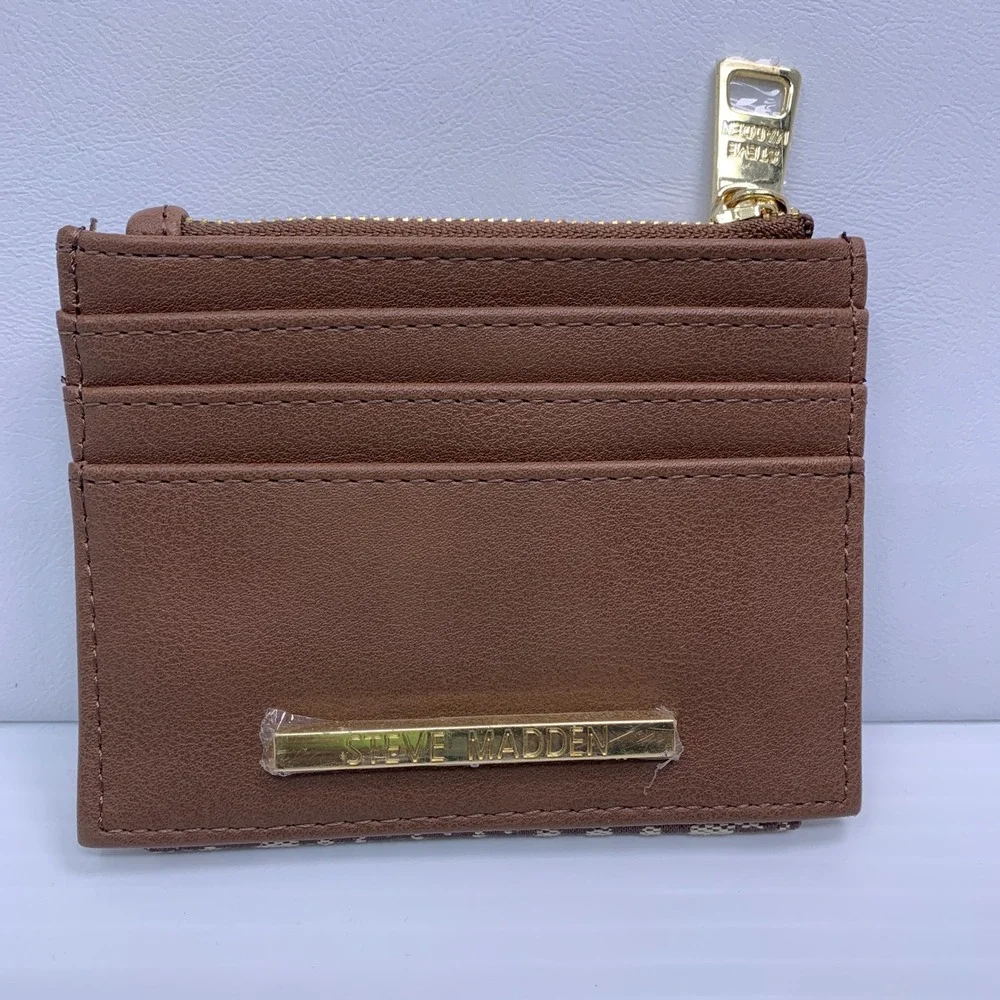 Steve Madden Womens OS Brown Logo Jacquard Zip Card Case Wallet New